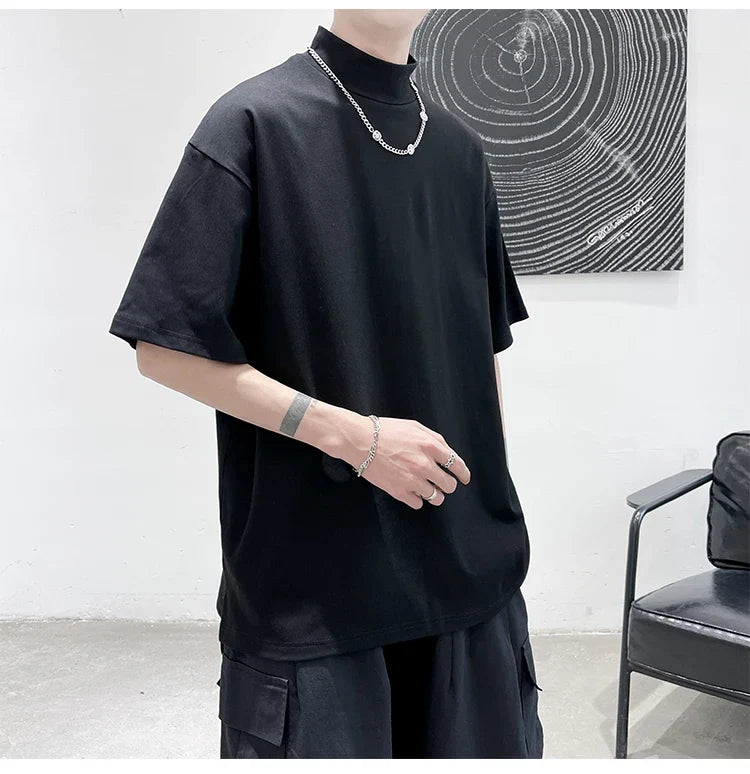 Streetwear Turtleneck Men Tshirt Solid Hip Hop Male Oversized T Shirts Man Casual Short Sleeve Top Tees Black/White/Purple