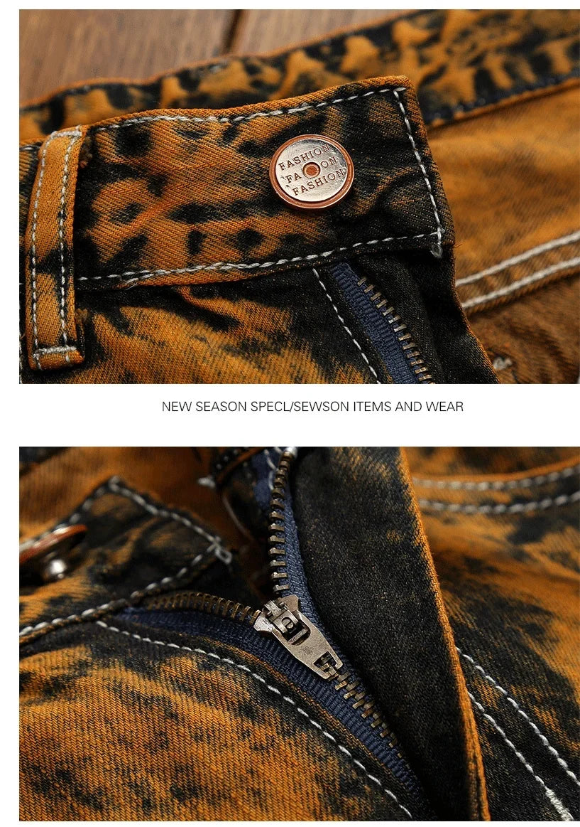 3D Black Patch Brown Jeans Men's High Street Pure Cotton Frayed Hole Fishing Net Decoration Elastic Comfortable Pants New