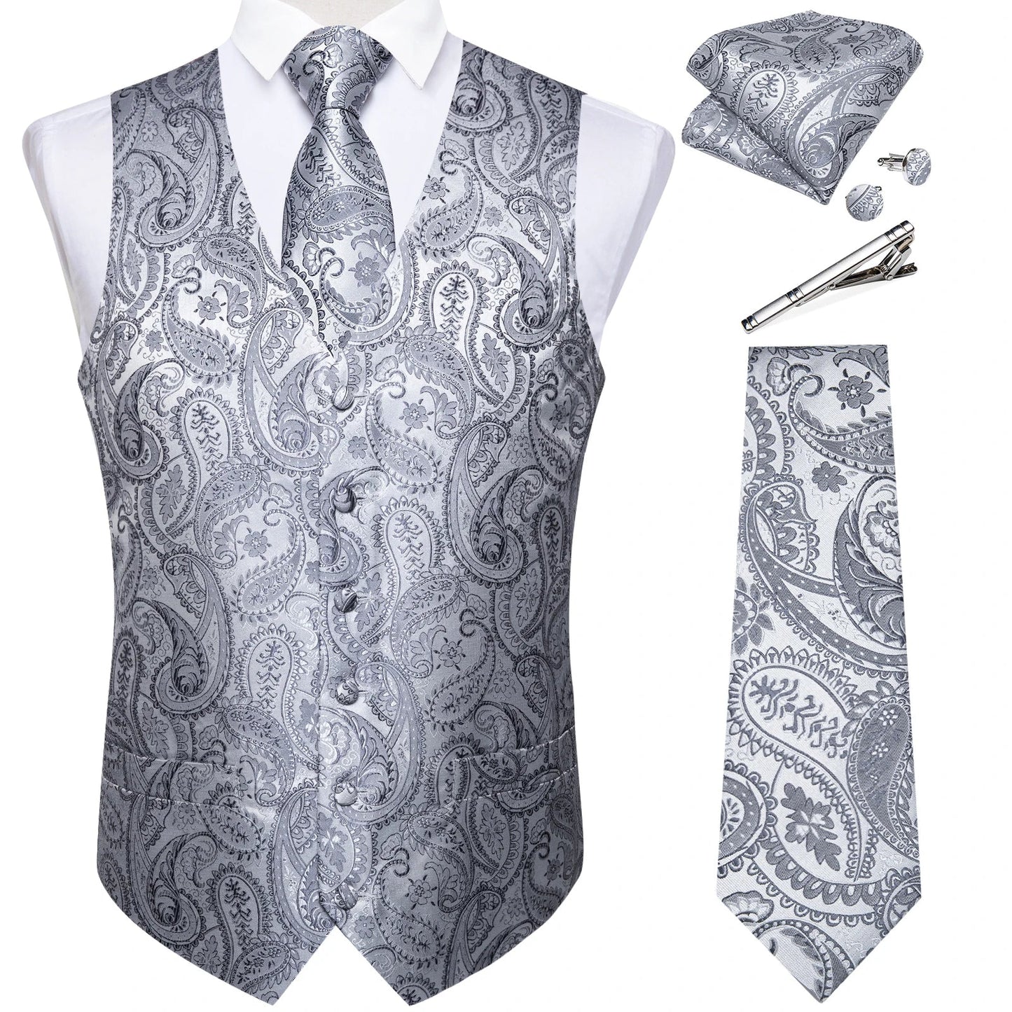 Classic Black Wedding Vest for Men Suit Vest Tie Ring Cufflinks Hanky Set for Party Formal Dress Business Casual Waistcoat