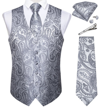 Classic Black Wedding Vest for Men Suit Vest Tie Ring Cufflinks Hanky Set for Party Formal Dress Business Casual Waistcoat