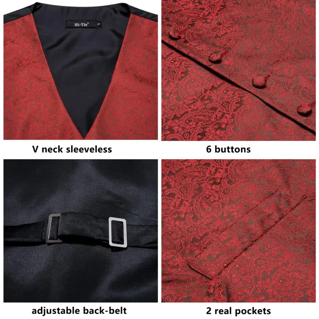 Silk Mens Vests Sleeveless Waist Jacket Jacquard Black Orange Floral Waistcoat Tie Hanky Cufflinks Set for Men Casual XXL