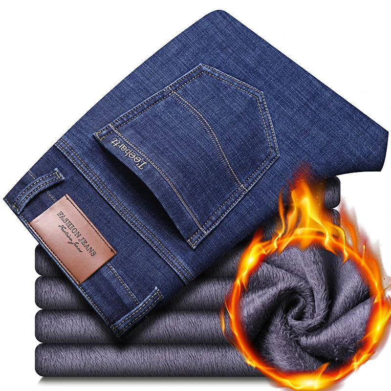 2024 New Jeans Brand Autumn Winter Jeans Warm Flocking Warm Soft Men Activities Warm Fleece Men Jeans Black Blue  Colors