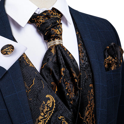 Men Gold Paisley Waistcoat Ascot Tie Pocket Square Necktie Ring Set Wedding Formal Dress Vests Sleeveless Jacket