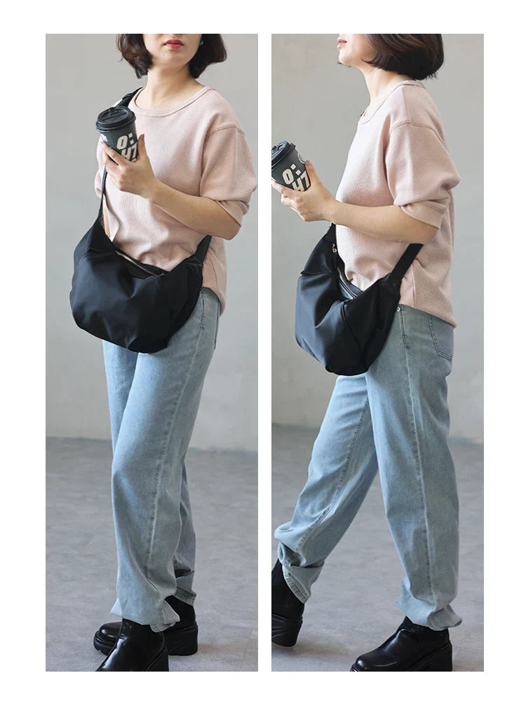 Lightweight Nylon Matching Genuine Leather Crossbody Bag High Quality Single Shoulder Bags Fashion Pleated Messenger Purses