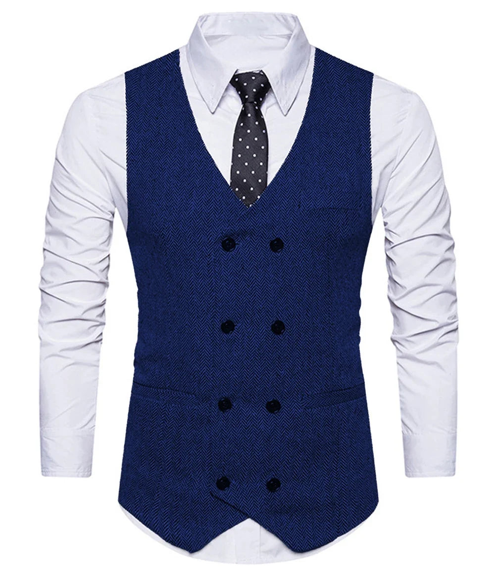 2022 New Men's Royal Blue Double-breasted Vest Suit Vest Casual Top Quality Herringbone Pattern Waistcoat For Wedding
