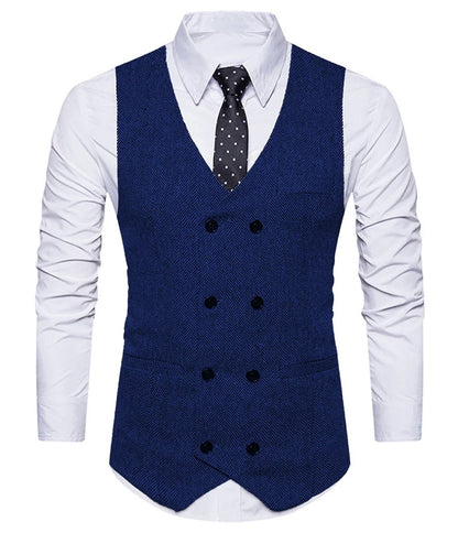 2022 New Men's Royal Blue Double-breasted Vest Suit Vest Casual Top Quality Herringbone Pattern Waistcoat For Wedding