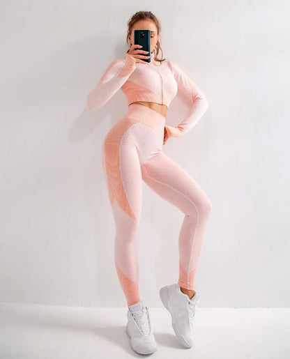 2/3Pcs Women Yoga Suit Seamless Knitted Yoga Pants Leggings Clothing Zipper Long Sleeve Crop Top Fitness Wear Sportswear Gym Set