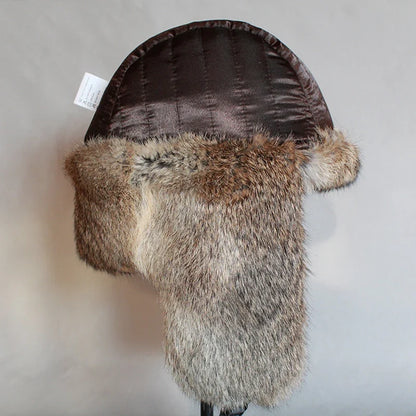 Rabbit Fur Russian Bomber Hat Women WinterTrapper Snow Cap  Earflap Ushanka
