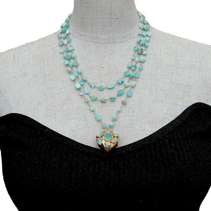YYGEM 3 Strands Natural Blue Larimar Rosary Chain Necklace Heart-Shaped Larimar Pendant Statement Necklace for Women 18''
