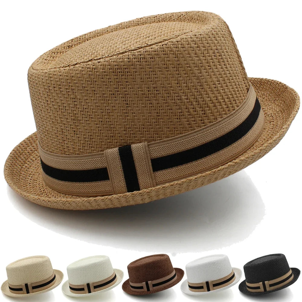 Men Women Classical Straw Pork Pie Hats Fedora Sunhats Trilby Caps Summer Boater Street Outdoor Travel Party Size US 7 1/4 UK L