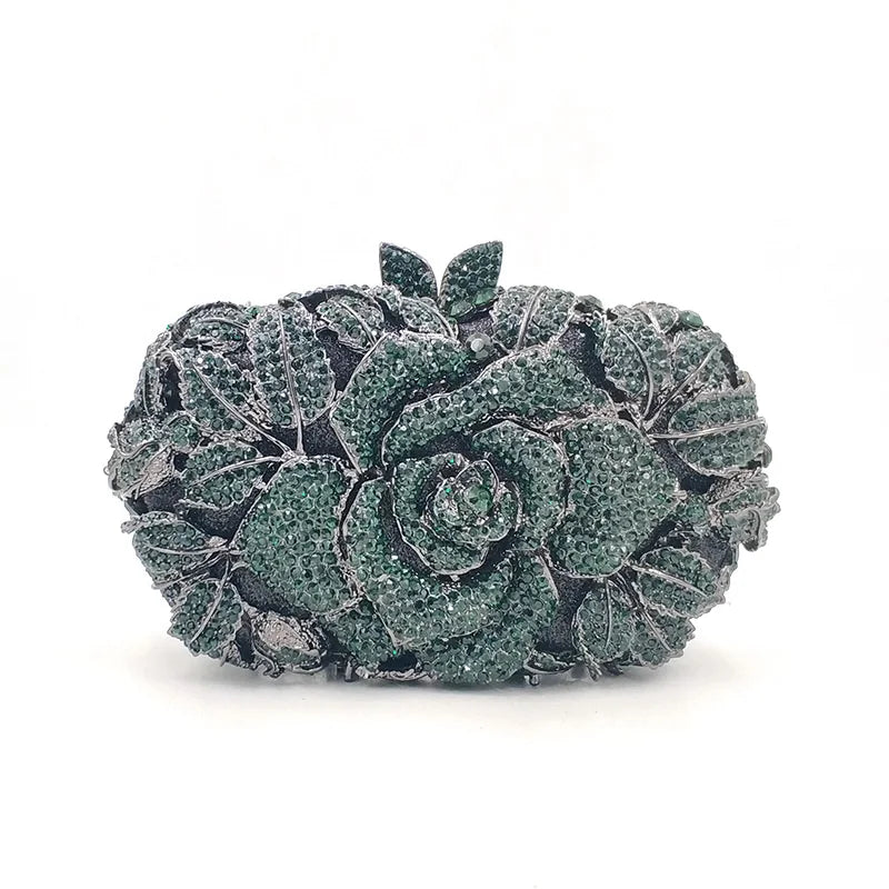 Green Pink Multicolored Rose Crystal Women Evening Clutches Bags Diamond Wedding Cocktail Party Purse And Stone Handbag
