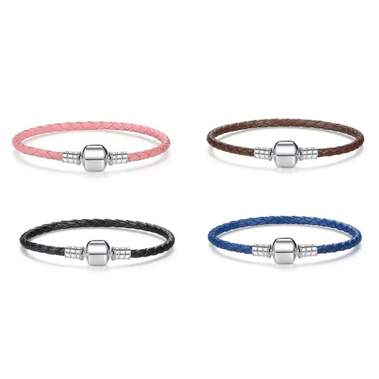 Véritable bracelet femme en cuir tressé rose et noir long avec fermoir serpent en argent sterling 925 PAS908