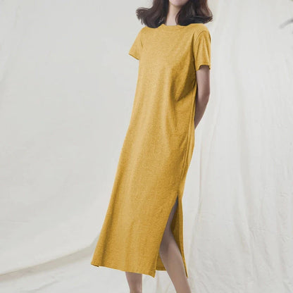Original Casual 94% Cotton Summer Women's Dresses Solid Short Sleeve Spilt Long Midi Dress Fashion Sundress Female Clothing
