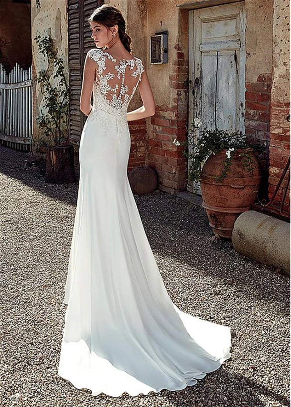 Wedding Dress Boho Sexy Illusion Sleeveless Scoop Neck Appliqued Lace Mermaid Wedding Gowns Bridal Dress Custom Made