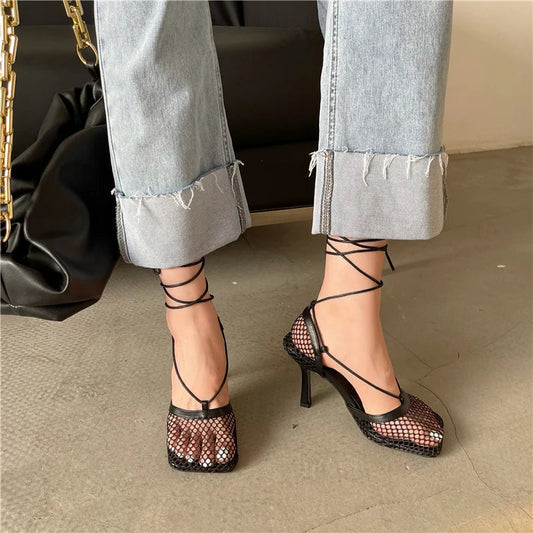 2026 Stiletto Heels Mesh Fashion Sandals Square Toe Cross-Tied Shallow Concise Party Rome Solid Summer Shoes for Women