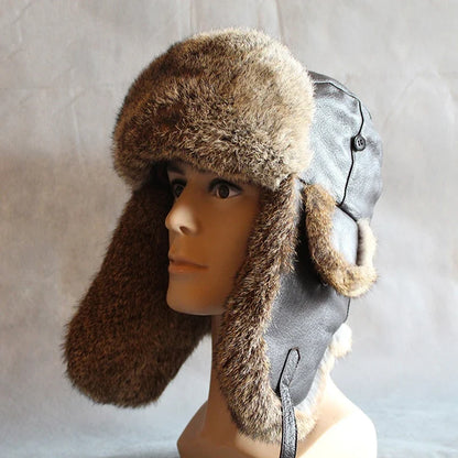 Winter Fur Bomber Hat Men Women Leather Russian Hat Snow Trapper Cap Warflap Ushanka