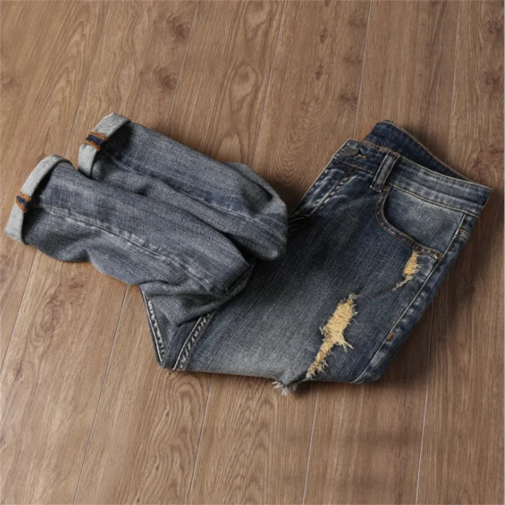 Indian Avatar Embroidered Jeans Men Scratch Long Cracks High Street Pants Soft Red Ears Blue Grey Slim 2020 Western Style