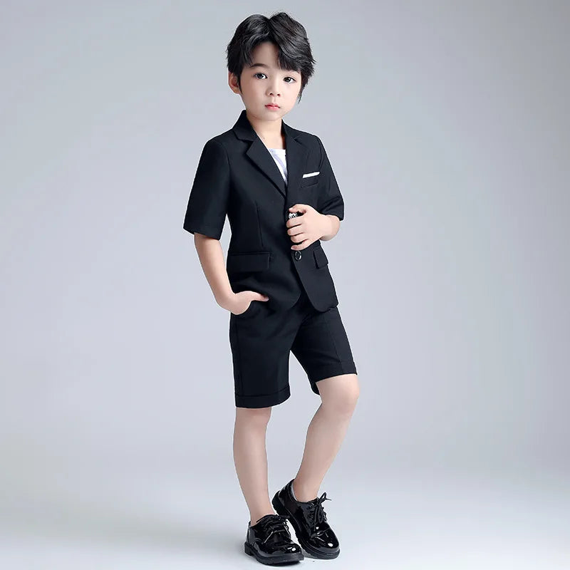 Boys Summer Blazer Jacket +Shorts 2PCS Clothing Set School Kids Wedding Tuxedo Dress Children Chorus Performance Dress Costume