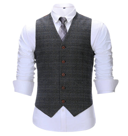 Men's Vintage Plaid Suit Vest Tweed Wool Waistcoat for Groomsmen for Wedding
