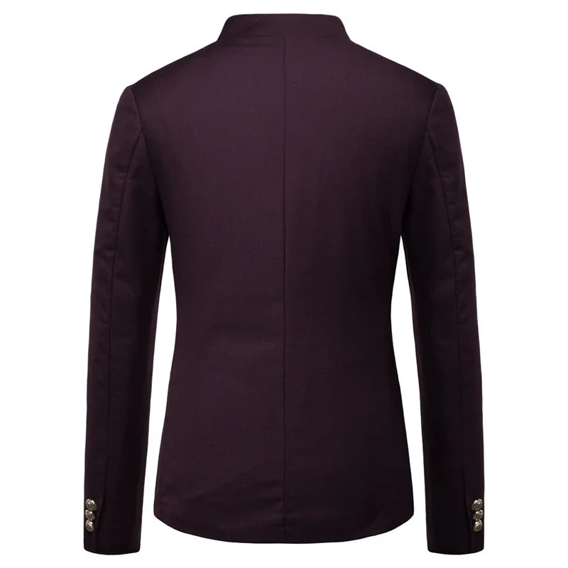 Men's Black Stand Up Collar Blazer Coat, Wedding Party Dress Jacket, Asia Sizes Slim-Fit Single Breasted Jaqueta, Blue Red Tops.