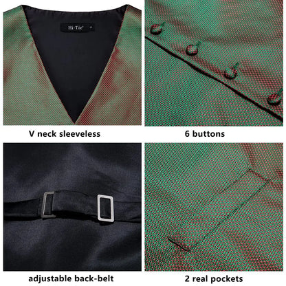 Navy Blue Mens Silk Vests Business Paisley V-Necl Waistcoat Tie Hanky Cufflinks Brooch Set for Men Suit Wedding Formal Hi-Tie