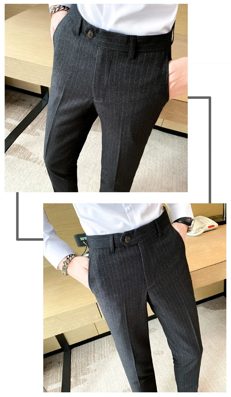 Boutique Classic Plaid and Striped Fashion Men's Casual Business Slim Suit Pants Groom Wedding Dress Trousers Party