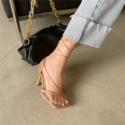 2026 Stiletto Heels Mesh Fashion Sandals Square Toe Cross-Tied Shallow Concise Party Rome Solid Summer Shoes for Women