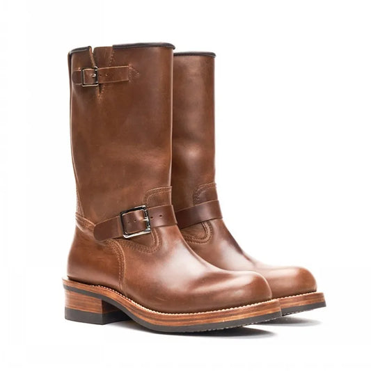 Engineer Work Shoes Men Vintage High Top 100% Genuine Leather Motorcycle Long Boots Autumn Designer Slip On Cowhide Riding Boots