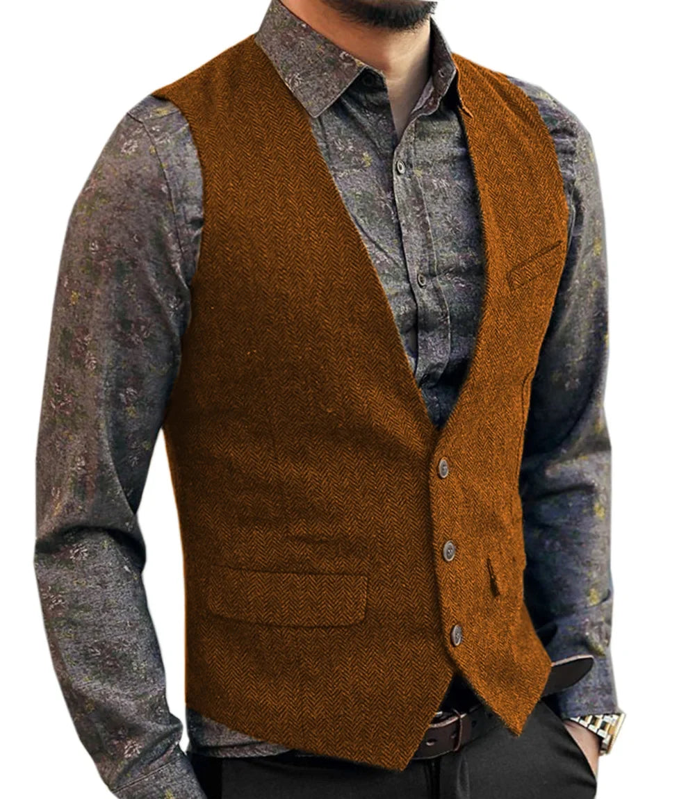 Men's V-Neck Suit Vests Fashion Formal Slim Fit Business Herringbone Dress Waistcoat for Tuxedo Wedding Party