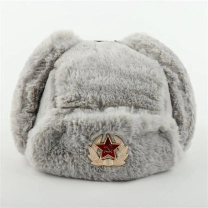 Soviet Badge Ushanka Men&Women Bomber Hats CCCP Army Pilot Trapper Trooper Hat Winter Faux Rabbit Fur Earflap Snow Caps