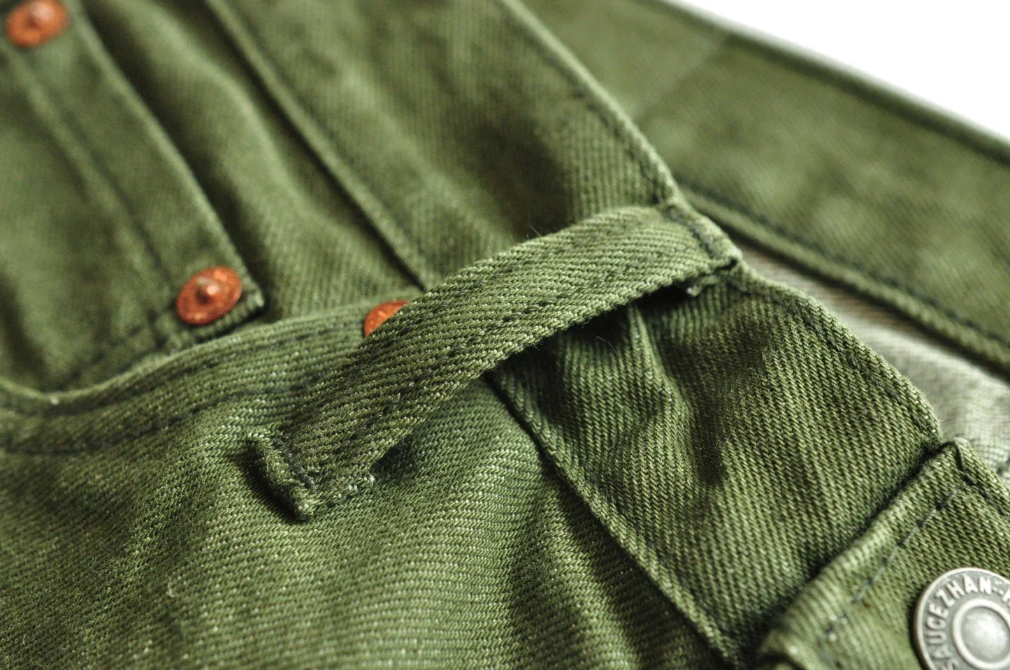 Men Jeans Vulcanization Olive Green 107 Selvedge Denim Jeans Men Washed Slim Fit 14 Oz Zipper Fly