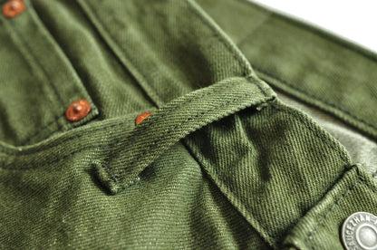 Men Jeans Vulcanization Olive Green 107 Selvedge Denim Jeans Men Washed Slim Fit 14 Oz Zipper Fly