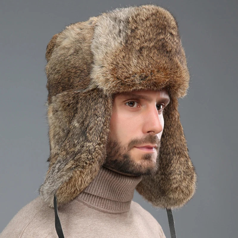 Thick Warm Trapper Hat Men Real Rabbit Fur Earflap Russian Cap Male Plus Size Winter Hats for Men Ski Russian Hat