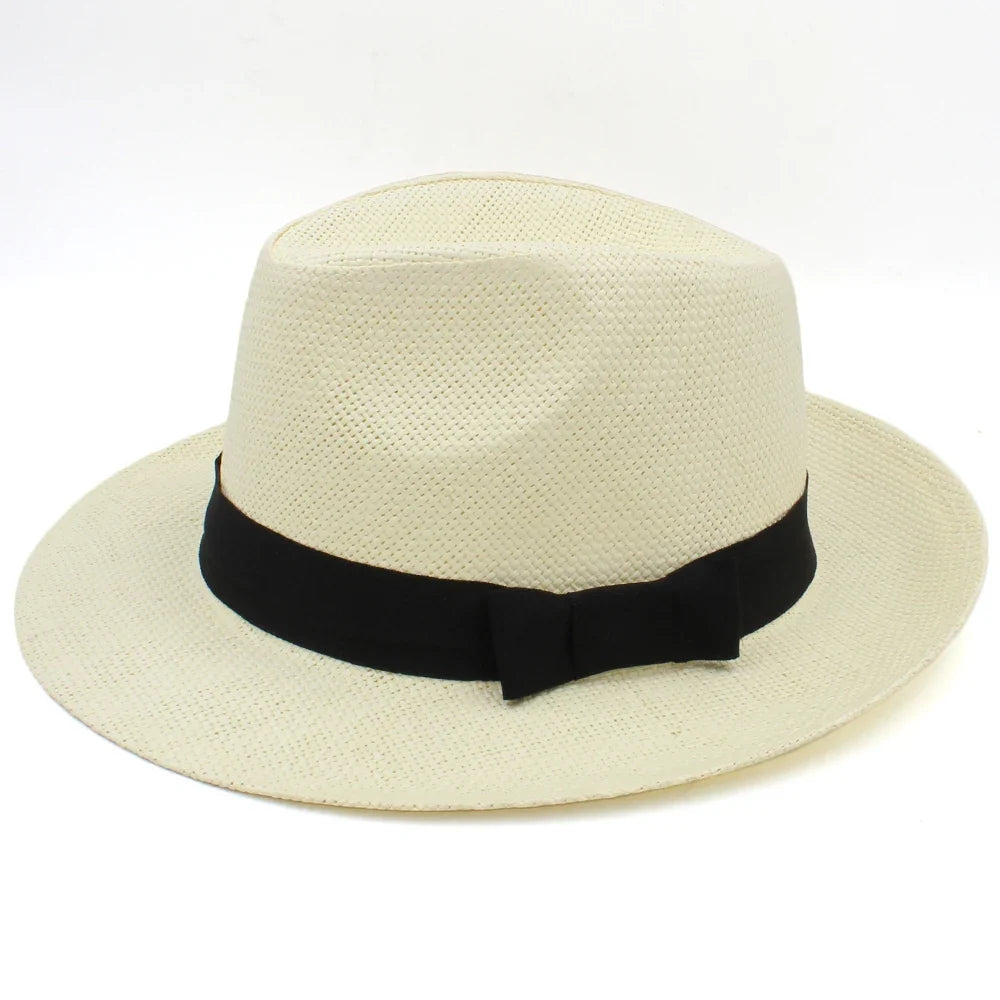 Men Women Straw Panama Hats Summer Fedora Sunhats Bowtie Band Party Trilby Caps Outdoor Sombrero Travel Size US 7 1/4 UK L