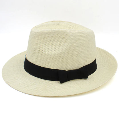 Men Women Straw Panama Hats Summer Fedora Sunhats Bowtie Band Party Trilby Caps Outdoor Sombrero Travel Size US 7 1/4 UK L