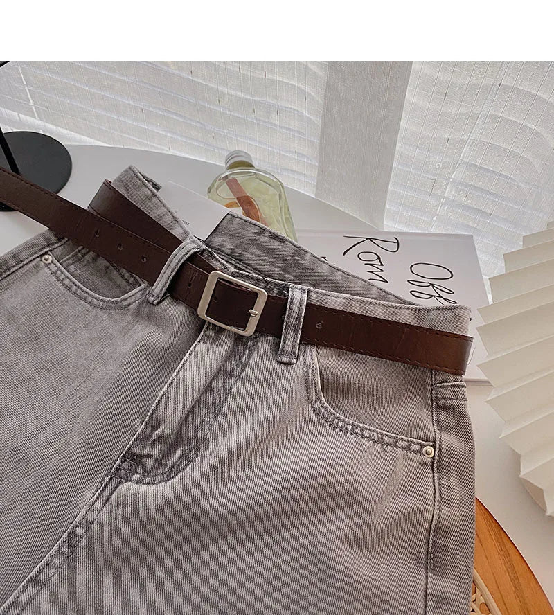 Straight Jeans Women with Belt Vintage Basic Blue Ankle-length Denim Pants Boyfriend Gray Jeans Korean 2021