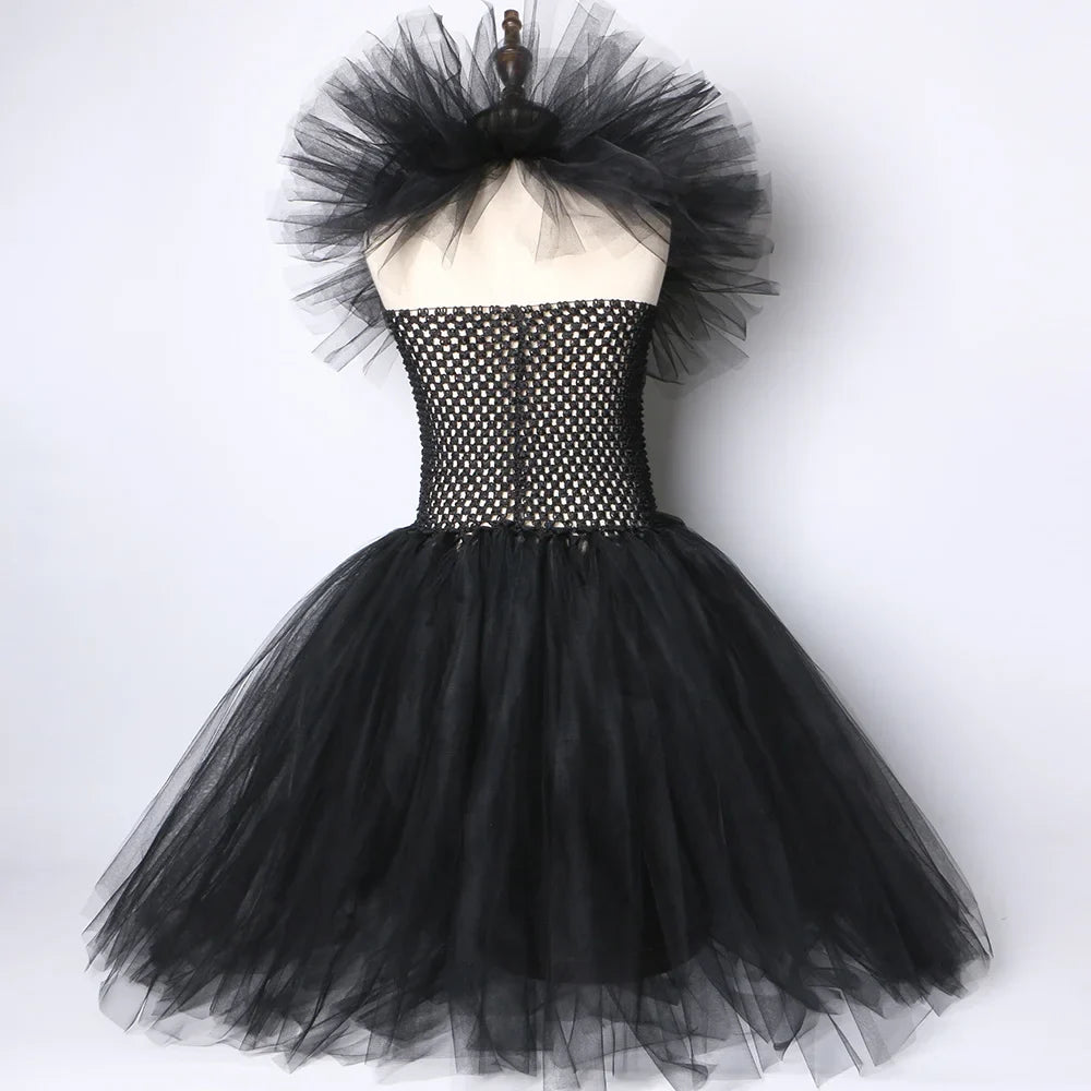 Girls Black Evil Queen Maleficent Tutu Dress Horns Wings Dark Witch Cosplay Carnival Halloween Costume for Kids Fancy Clothes