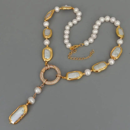 Natural 8-9mm Round Rectangle Cultured White Biwa Pearl Round Freshwater Pearl Y-Drop Necklace 18.5'