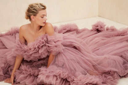 Women Prom Dresses Tulle High Low Vestido de Novia Robes Off the Shoulder Evening Dress Ruffled Fluffy Party Gowns Customized