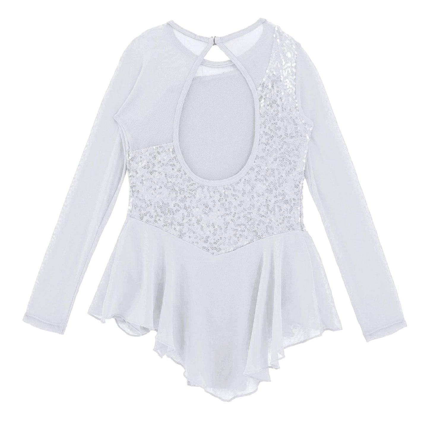 Girls Figure Ice Skating Dress Sparkly Sequin Gymnastics Dance Ballet Tutu Leotard Kids Long Sleeve Mesh Splice Dance Costume