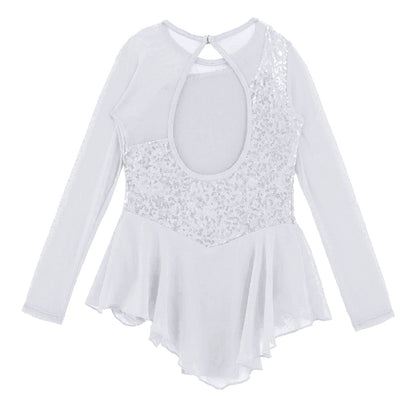 Girls Figure Ice Skating Dress Sparkly Sequin Gymnastics Dance Ballet Tutu Leotard Kids Long Sleeve Mesh Splice Dance Costume