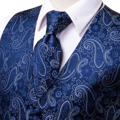 Navy Blue Mens Vest Formal Paisley Waistcoat Jacket Tie Handkerchief Cufflinks Set For Male Dress Suit Wedding Party