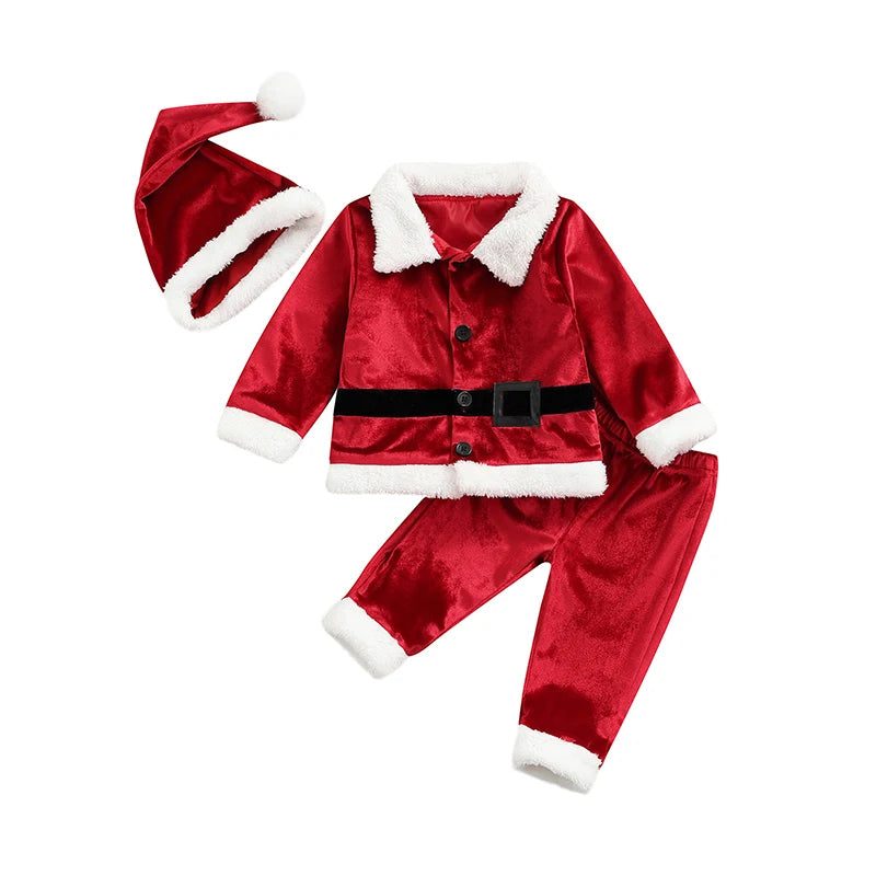 0-4Years Infant Baby Kids Santa Claus Costumes Fall Winter Christmas Suits Boy Girl Long Sleeve Tops+Trousers+Hat Velvet Outfits
