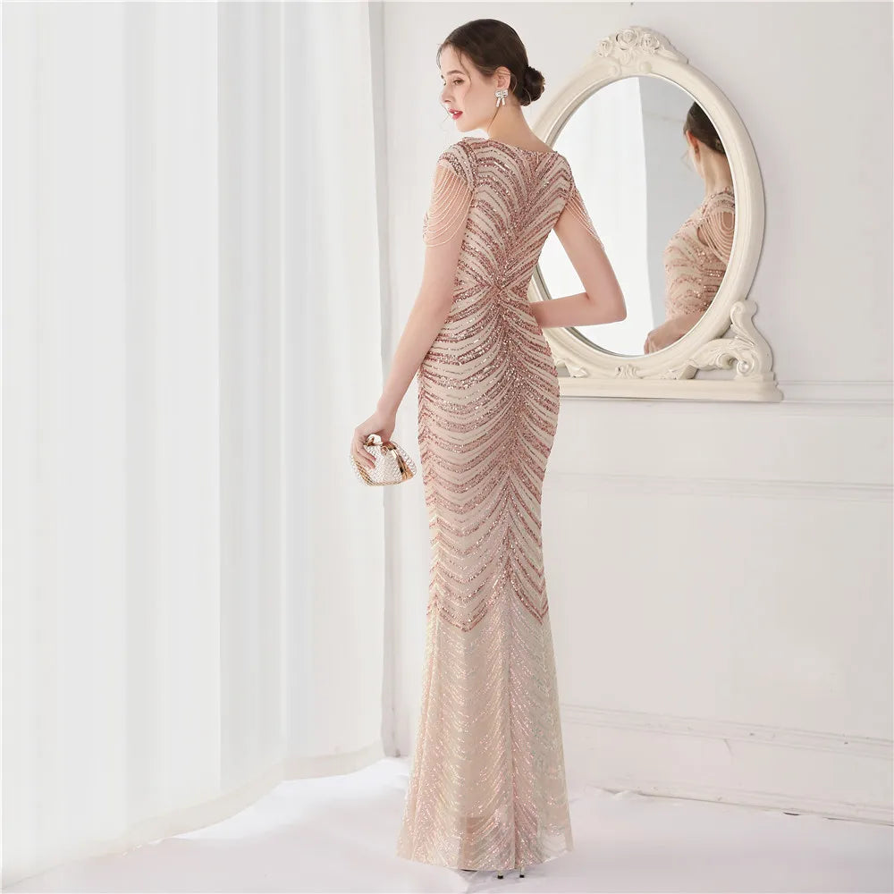 Elegant V Neck Mermaid Evening Dress Long Luxury Beads Women Evening Party Dresses 2025 New Formal Dress 19085
