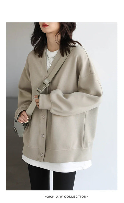 Korean Autumn Winter Women's Sports Coat Casual Loose V-neck Sweatshirt for Women Thick Warm Tops Office Lady Female