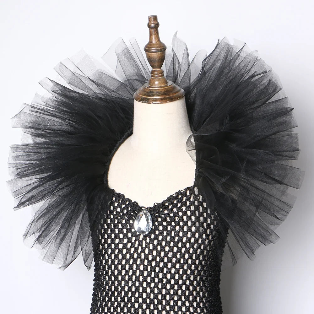Girls Black Evil Queen Maleficent Tutu Dress Horns Wings Dark Witch Cosplay Carnival Halloween Costume for Kids Fancy Clothes