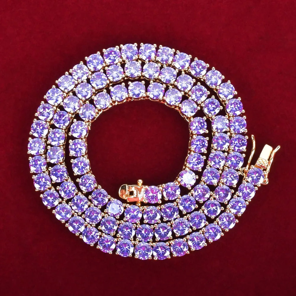 Purple Tennis Chain Necklace Hip Hop Rock Street Jewelry AAAAA Cubic Zirconia 24K Real Gold Color Plated
