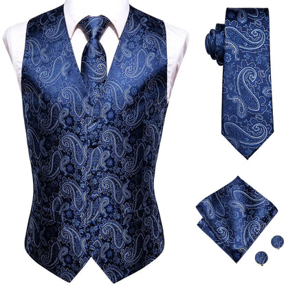 Luxury Men Silk Vest Gold Black Blue Red Green Purple Floral Waistcoat Tie Hanky Cufflinks Brooch Wedding Formal Business