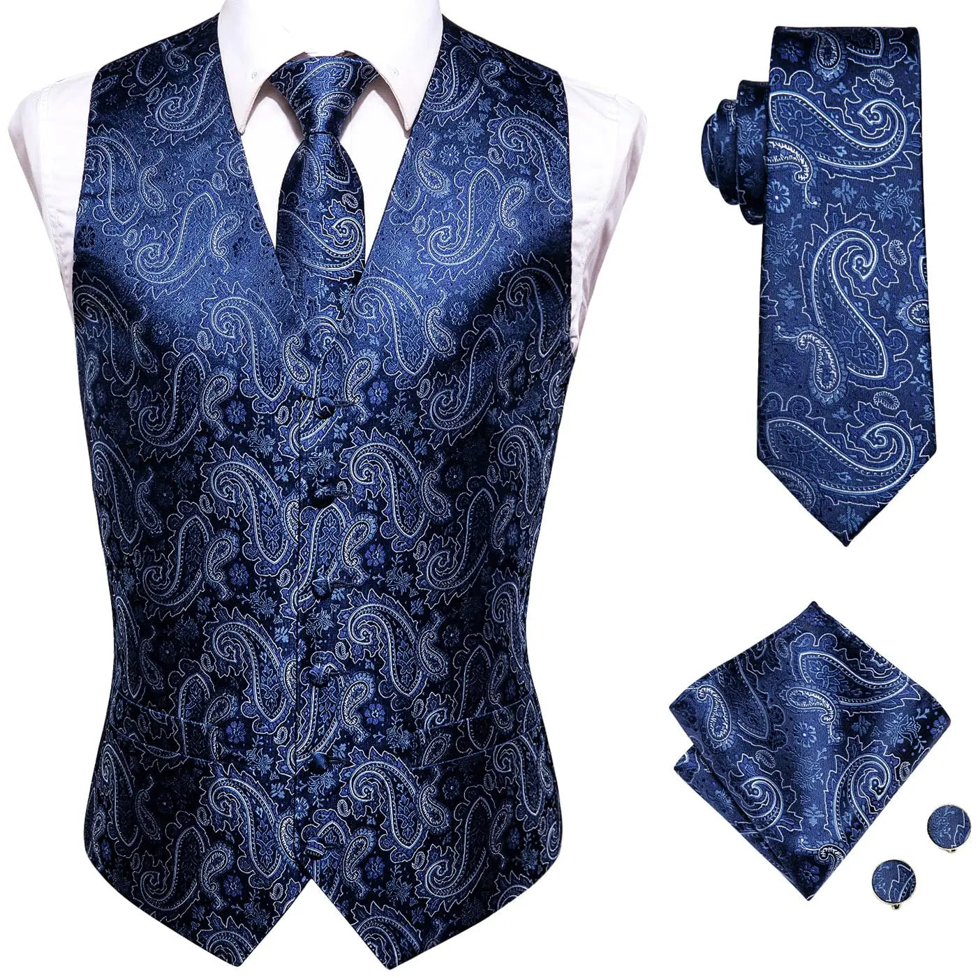 Navy Blue Mens Silk Vests Business Paisley V-Necl Waistcoat Tie Hanky Cufflinks Brooch Set for Men Suit Wedding Formal Hi-Tie