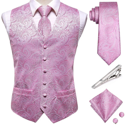 Luxury Silk Mens Vests Rose Gold Pink Striped Waistcoat Necktie Bowtie Hanky Cufflinks Set Waist Jacket For Men Wedding